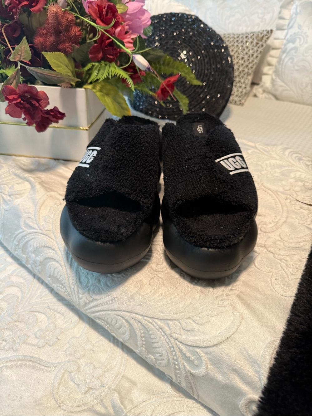 UGG Kids Black Fuzzy Slide Sandals